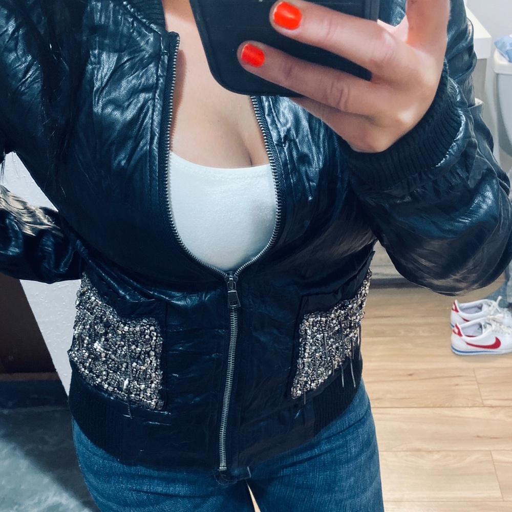Topshop moto bomber vegan leather bead stud jacket - Picture 4 of 8